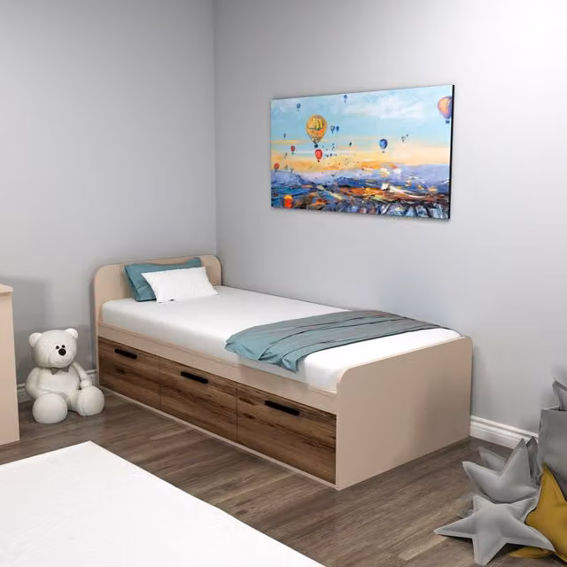 Destina Home Achille Modern Bed Frame in Light Walnut and Beige, W: 90 cm, L: 190 cm