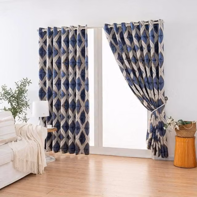 Luxor Living Diamond Jacquard Metallic Fully Lined Eyelet Curtains in Blue, Width: 229 cm, Drop: 229 cm