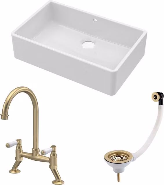 Balterley White Ceramic 1 Bowl Butler Sink with Overflow and Waste Tap, Width: 59.5 cm