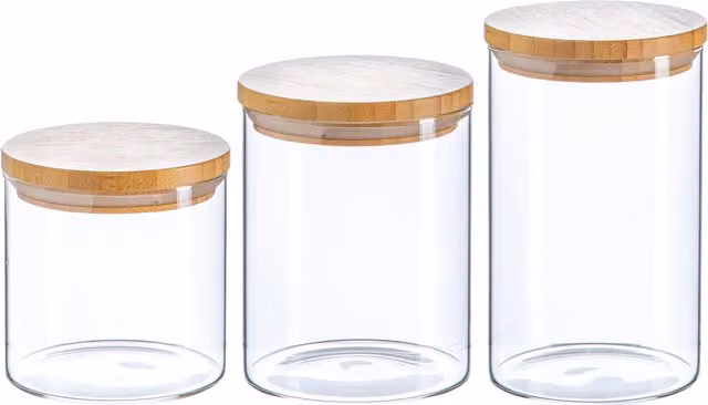 Argon Tableware Scandi Glass Storage Jar Set with Airtight Wooden Lids, Clear