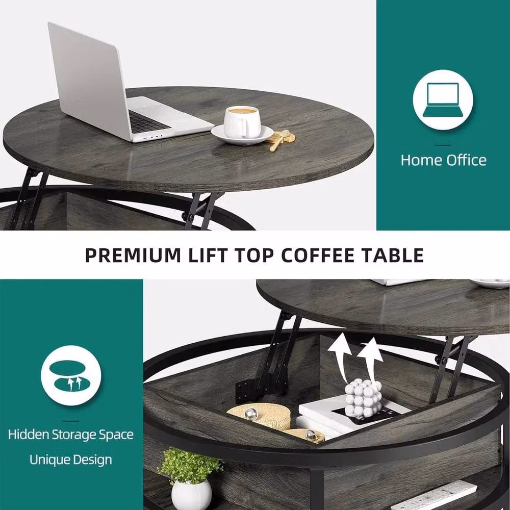 FORGEVIO Round Lift Top Coffee Table with Industrial Metal and Wood Design in Grey and Multicolour – 3
