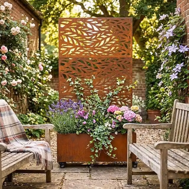Nicoman Metal Indoor Outdoor Privacy Screen with Plant Pot, Leaf Pattern, Bronze, H 180 x W 90 cm