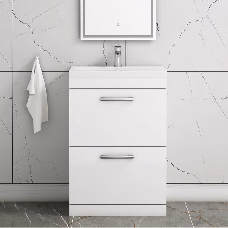 Royal Bathrooms Turin 600mm Gloss White Floor Standing 2 Drawer Mid-Edge Basin Vanity Unit