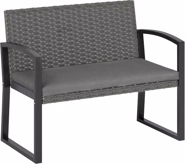 Nordara 2-Seater Rattan Garden Bench with Grey Fabric Cushions and Matt Steel Frame – 1