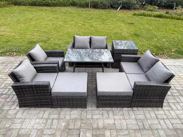 Fimous 8 Piece Wicker Rattan Garden Furniture Set with 2 Footstools in Dark Grey – 1