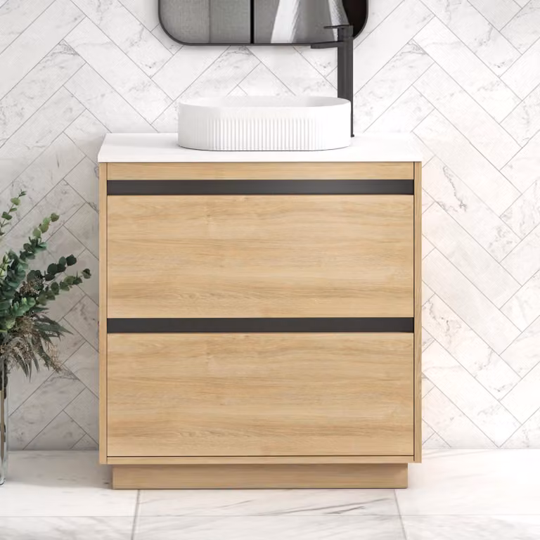 Royal Bathrooms Orion 800mm Natural Oak Floor Standing Vanity Unit with Lyon Basin and Black Accent Trim in White