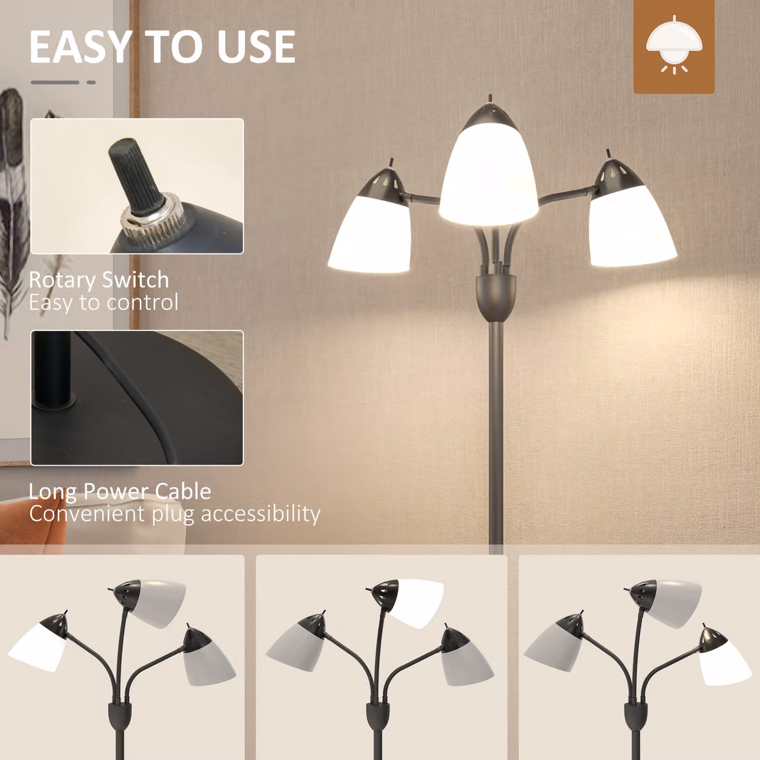 HOMCOM Arc Illuminator Adjustable Industrial Black Metal Floor Lamp for Bedroom and Living Room H 155 cm x W 22.5 cm x D 22.5 cm – 5