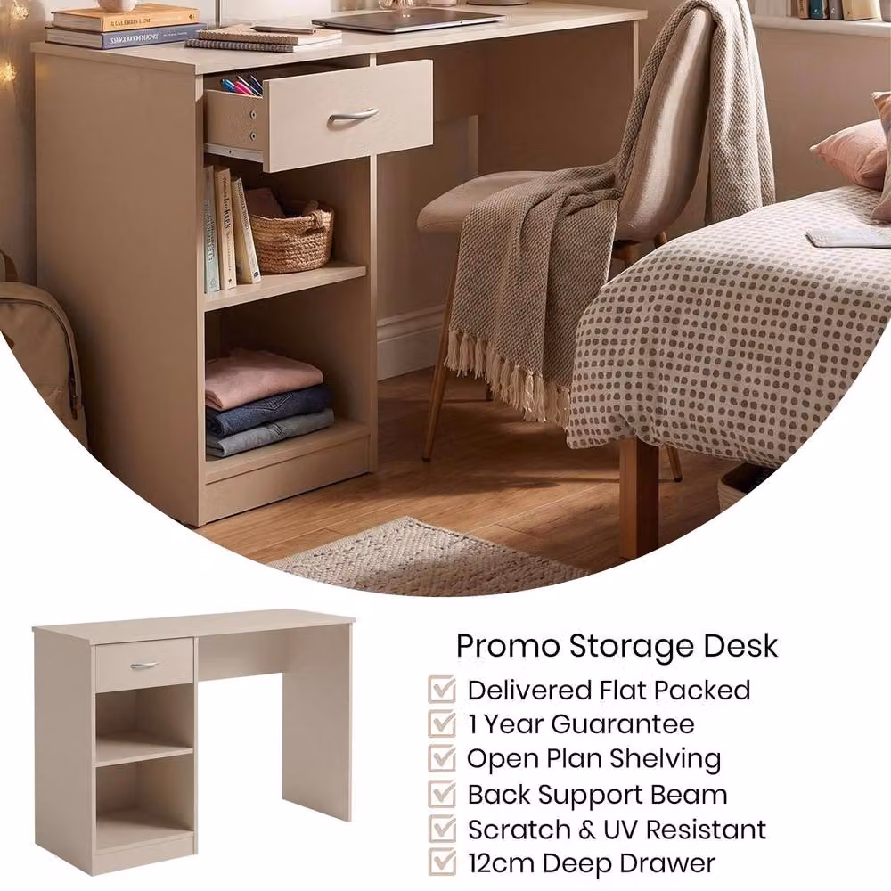 FWStyle Promo Putty Modern Writing Desk and Dressing Table with 1 Drawer and 2 Shelves in Beige – 2