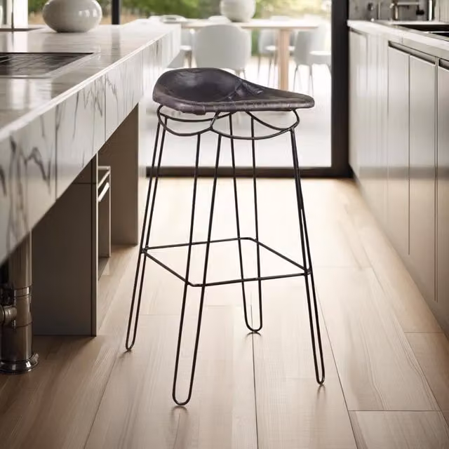 FWStyle Handmade Genuine Black Leather Bar Stool with Metal Frame