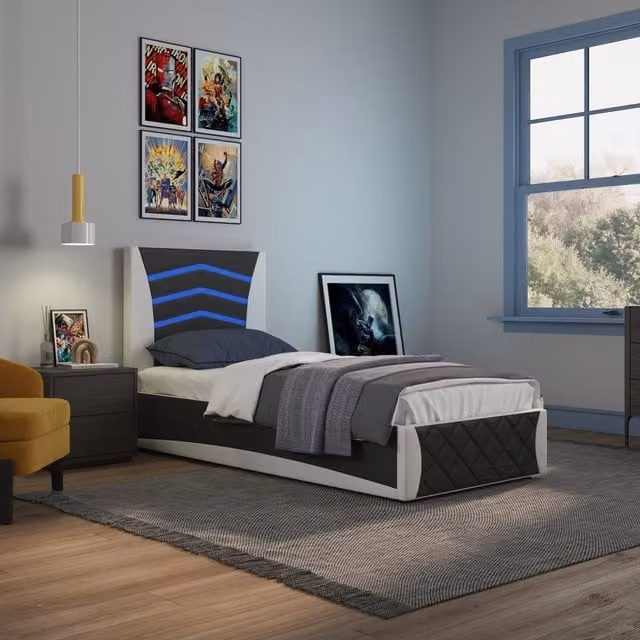 SlumberWorx Galaxy Ottoman Storage Single Bed Frame with LED Headboard in Black and White