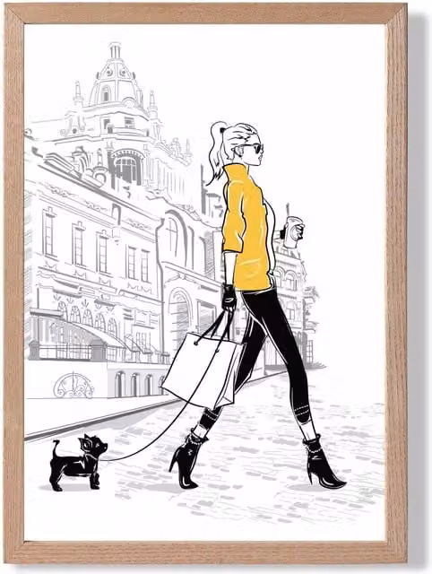 ARTZE Paris Street with Dog Style and Fashion Sketch Framed Print, Yellow and Black, Oak Wood Frame, A3