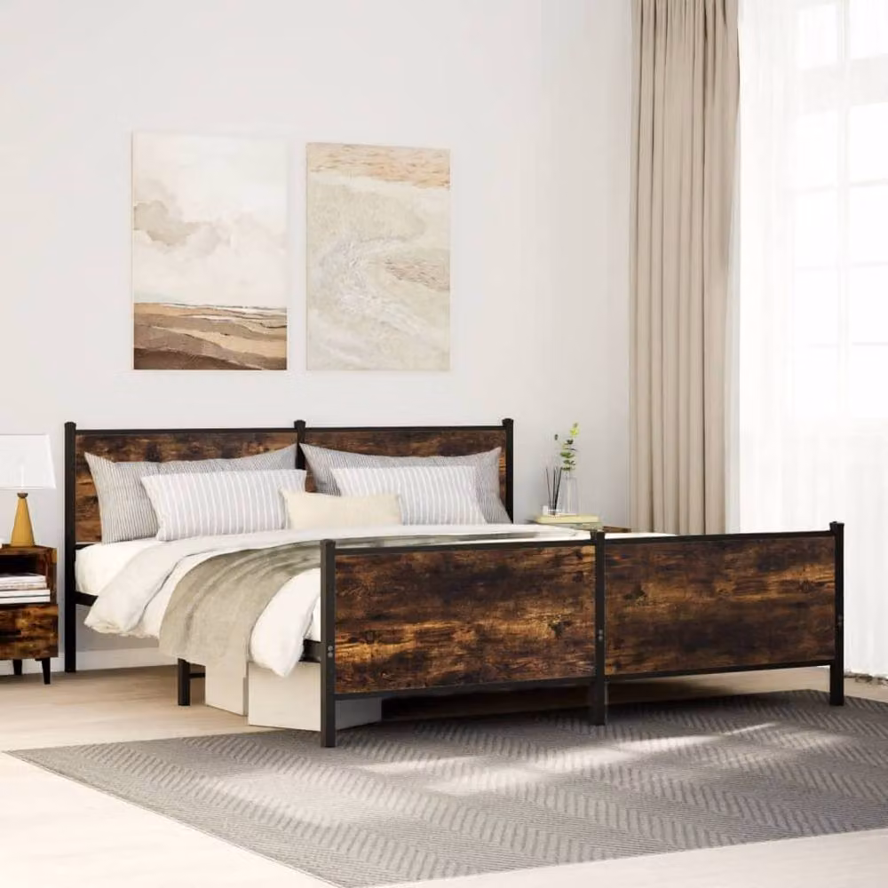 Berkfield Home Industrial Metal and Oak Bed Frame in Brown, W/D/H: 200 x 91.5 x 206 cm – 2