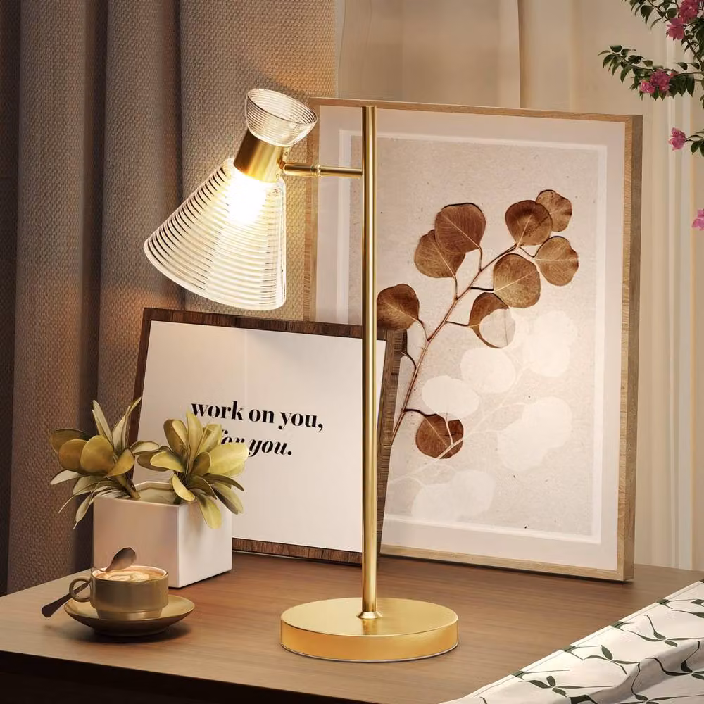 Wyld Haus Saha Modern Gold Table Lamp with Adjustable Flower Head and Amber Glass Shade – 3
