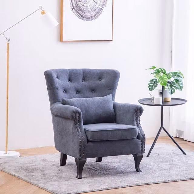 Livingandhome Vintage Grey Velvet Armchair with Integrated Armrests and Metal Frame