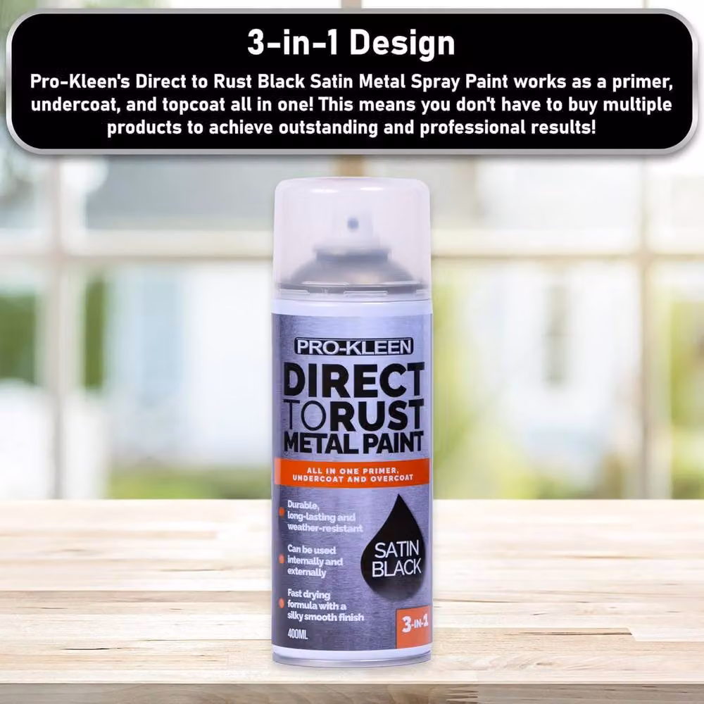 Pro-Kleen Direct to Rust 3-in-1 Metal Paint, Primer, Undercoat and Topcoat, Black Satin Finish, 3 x 400ml – 4