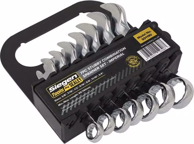 Loops 7pc Stubby Short Handled Combination Spanner Set in Silver Chrome Vanadium Steel with 12 Point Imp Ring Open Head