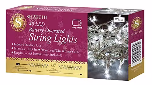 SHATCHI 40 Cool White LED Fairy String Lights with Clear Cable, Battery Operated for Christmas, Weddings, Parties and Garden Decorations – 2