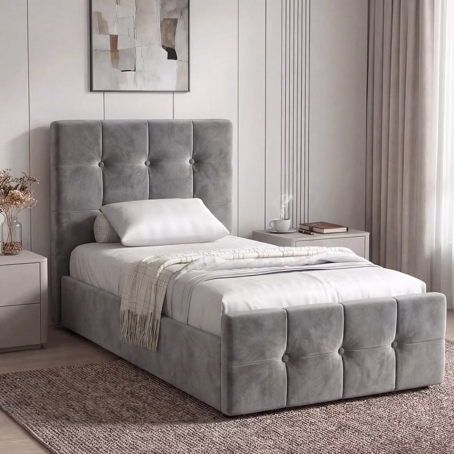 DHS Square Velvet Ottoman Storage Bed Frame, Single (3ft), Grey, W/D/H: 90 x 190 cm