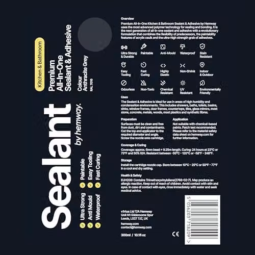 Hemway Hybrid Polymer Kitchen and Bathroom Sealant and Adhesive in Anthracite Grey, 300ml – 6