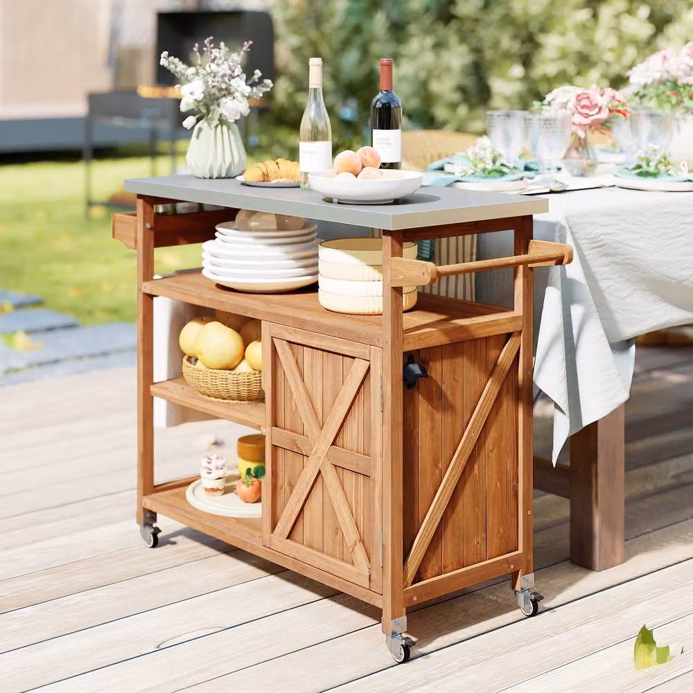 Gymax Brown Wooden Grill Cart with Stainless Steel Top and Casters, W/D/H: 118 x 47 x 92 cm – 8