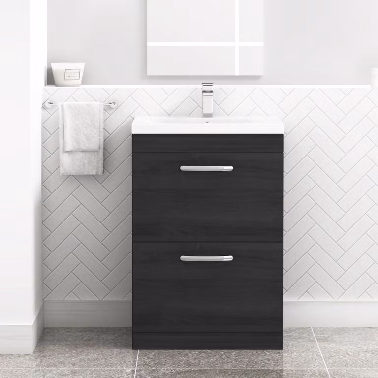 Royal Bathrooms Turin 600mm Floor Standing Mid-Edge Basin Vanity Unit with 2 Drawers in Hale Black