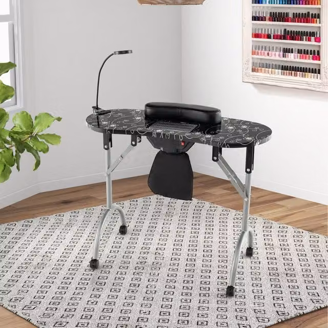 COSTWAY Black Folding Manicure Nail Table with Castors