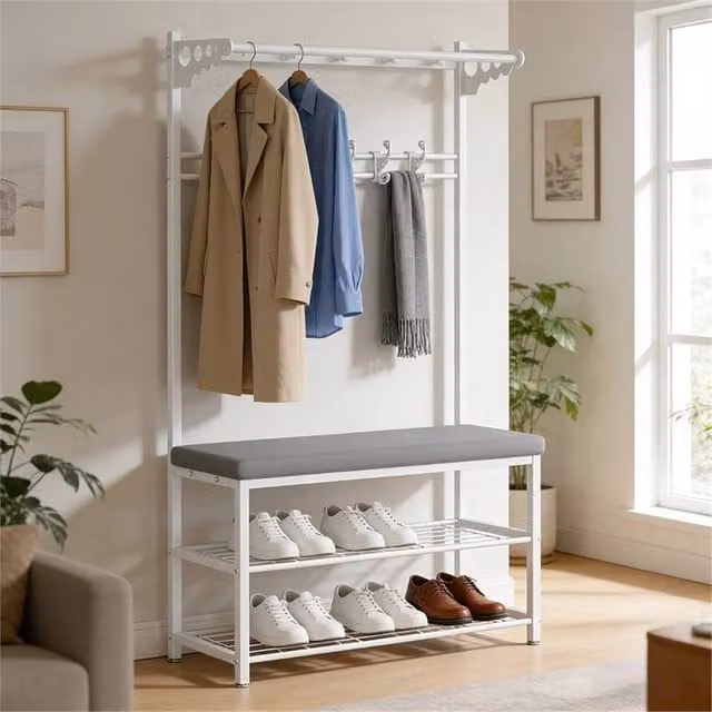 Nordara Modern Hall Tree with Padded Seat, Shoe Rack and Coat Hooks in White or Grey