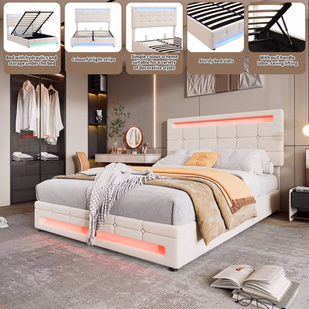 Merax Double Velvet Ottoman Storage Bed with Under-Bed Lighting and Tufted Headboard in Beige – 5