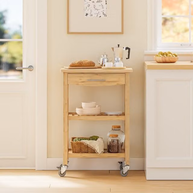 SoBuy Compact Rolling Kitchen Storage Cart with Bamboo Worktop in Natural Brown