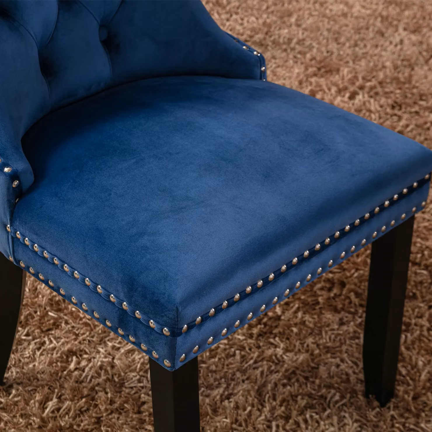 HomeTouch Taylor Set of 6 Blue Velvet Upholstered Kitchen Dining Chairs with Pull Knocker Back and Oak Wood Frame – 3