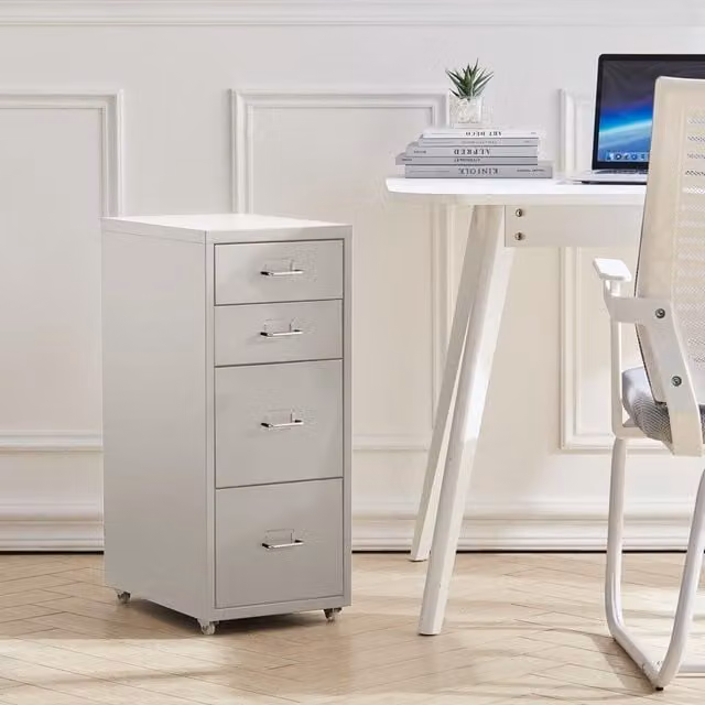 Livingandhome 4-Drawer Metal Office Storage Cabinet with Castors in Silver and White