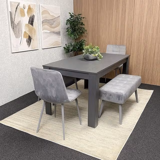 KOSY KOALA Modern Dining Table Set with 2 Grey Velvet Chairs and 2 Grey Benches in Brown – 1