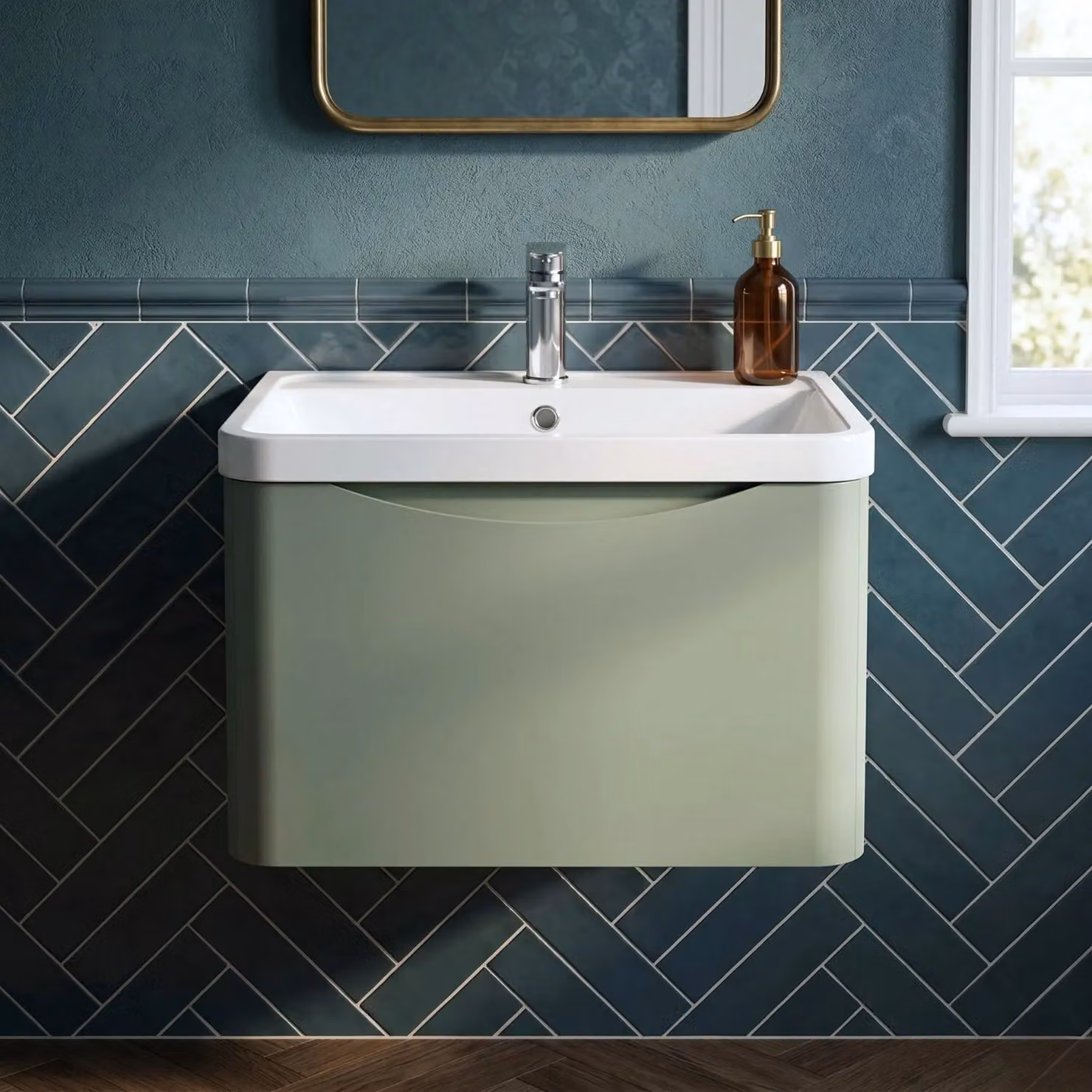 Balterley Wall Hung 1 Drawer Bathroom Vanity Unit and Basin in Satin Green – 4