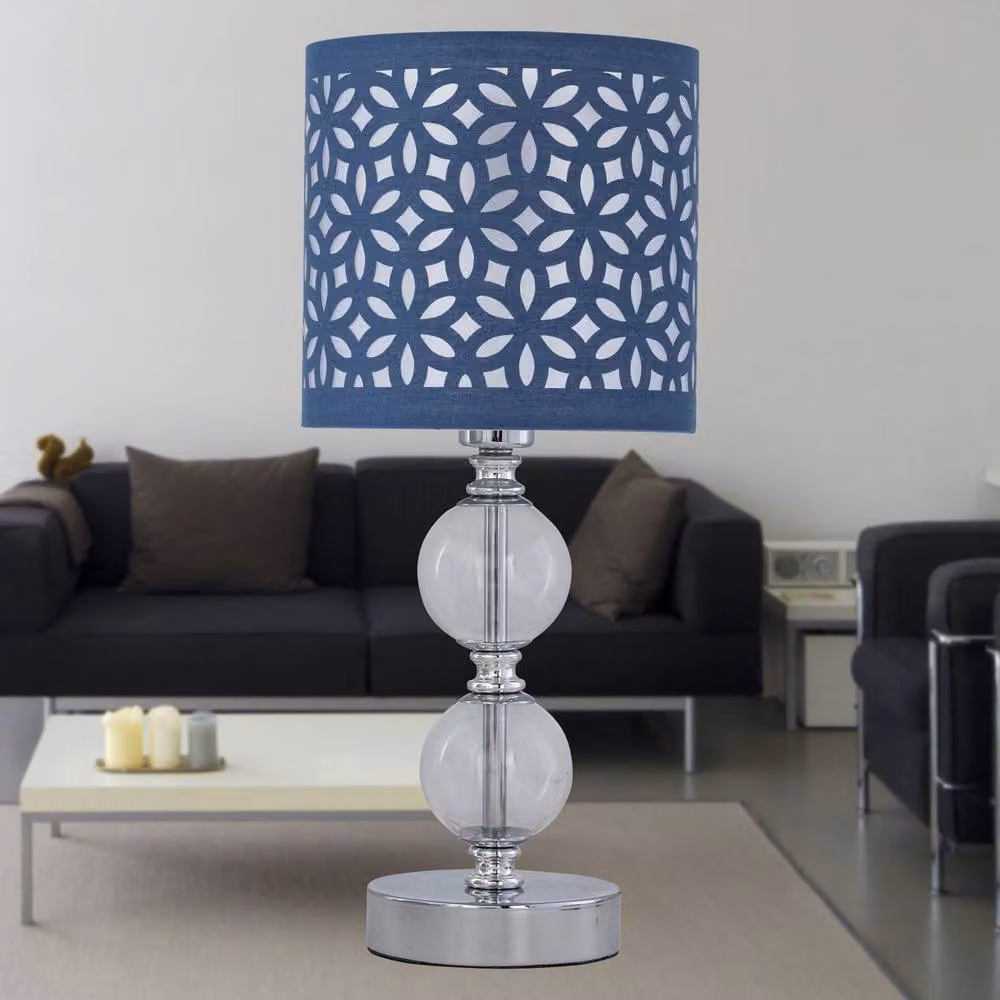 First Choice Lighting Chrome Two Ball Table Lamp with Navy Blue Cut Out Fabric Shade in Silver, H 33.0 cm x W 15.5 cm x D 15.5 cm – 3