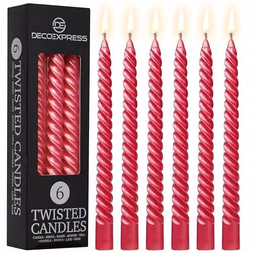 Deco Express Non-Scented Twisted Non-Drip Dinner Candles, Metallic Red, Pack of 6 – 1