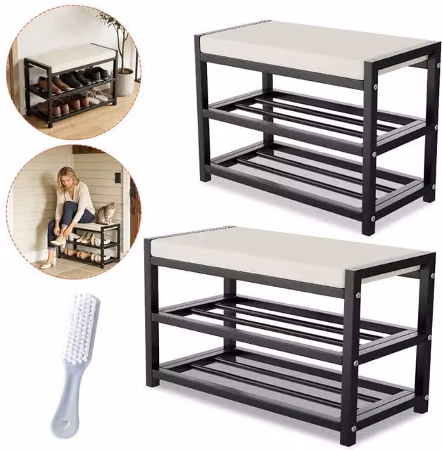 FORGEVIO Modern Black Metal Shoe Storage Bench and Hallway Organiser Cabinet