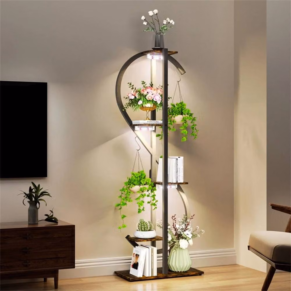 NESTLUNE Modern Metal Plant Stand with Integrated LED Grow Lights in Black, W/D/H: 55 x 26 x 123 cm – 2