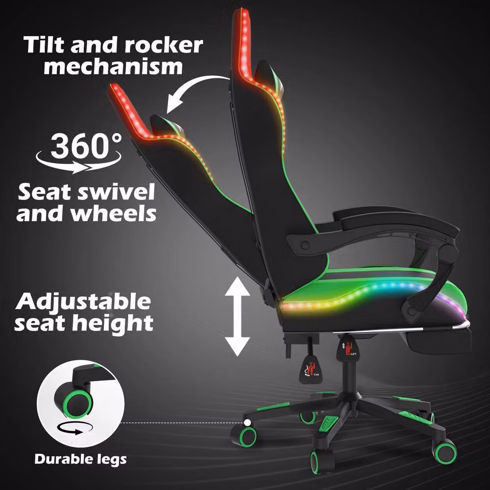 Alivio Wireless RGB LED Gaming Chair in Green with PU Leather and App Control – 4