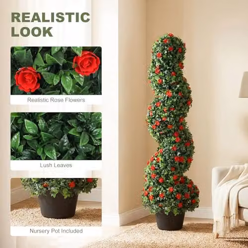 HOMCOM Set of 2 Red Artificial Rose Spiral Topiary Trees in Pots, Height: 90 cm – 3