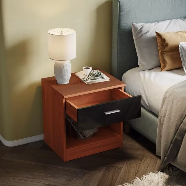 Comfy Living Modern High Gloss Walnut Bedside Table with Drawer and Open Shelf