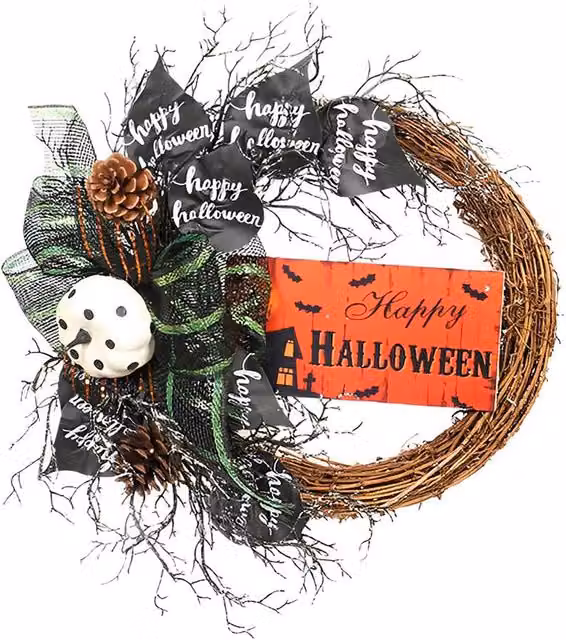 H&O Direct Multicolour Halloween Pumpkin, Bow and Pine Cones Wreath with Halloween Sign, Diameter: 40 cm