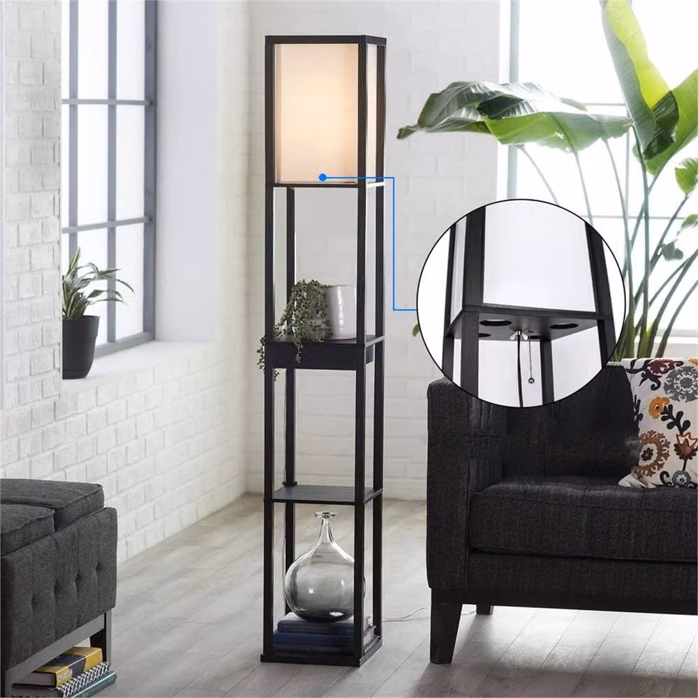 FLAVORA Black Wooden LED Floor Lamp with USB Port and Drawer Shelf – 4