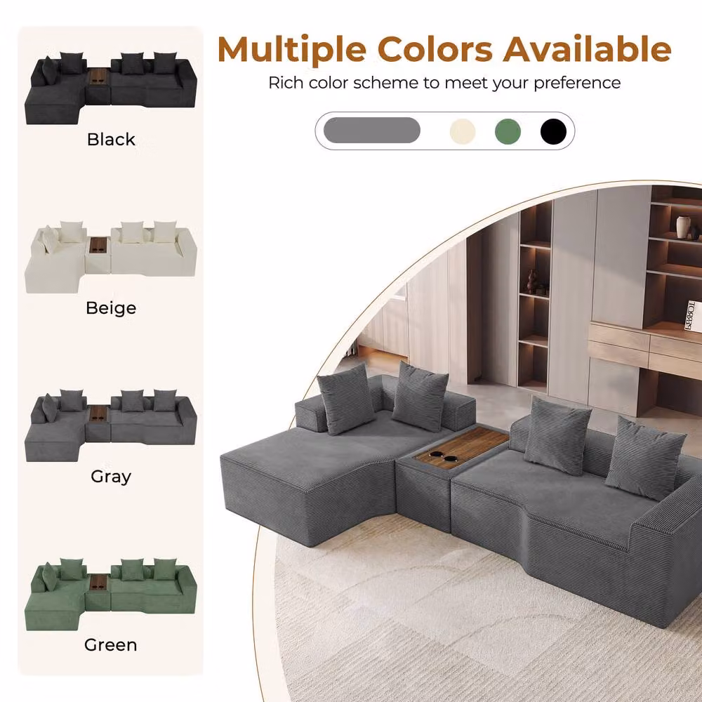 Dprodo Grey Corduroy Left L-Shaped Modular Sofa with Cup Holder Table and Scatter Cushions, 320 cm – 7