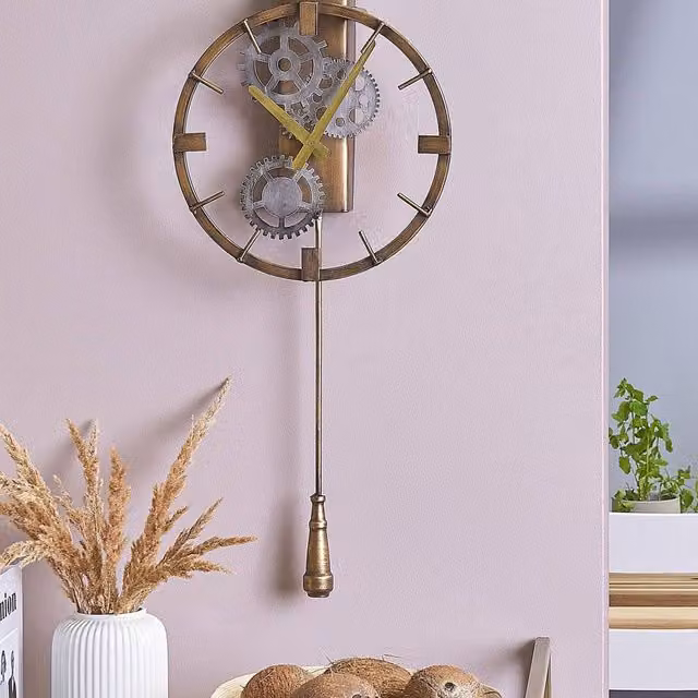 Wyld and Coco Living Gold Distressed Iron Round Wall Pendulum Clock, Diameter: 30 cm – 1