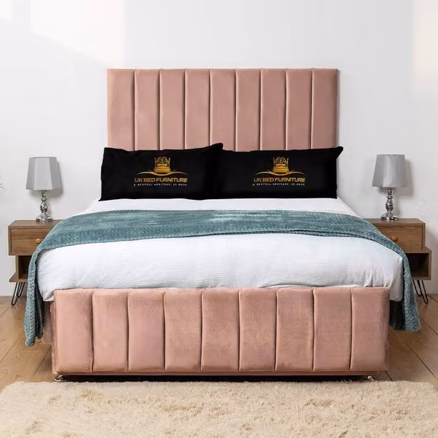 UK Bed Furniture Falcon Divan Bed Base with 26 Inch Headboard in Pink Velvet, Super King, W/D/H: 200 x 200 cm