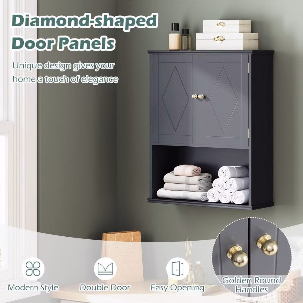 Costway Grey Wall Mounted 2-Door Bathroom Cabinet with Internal Shelves – 7
