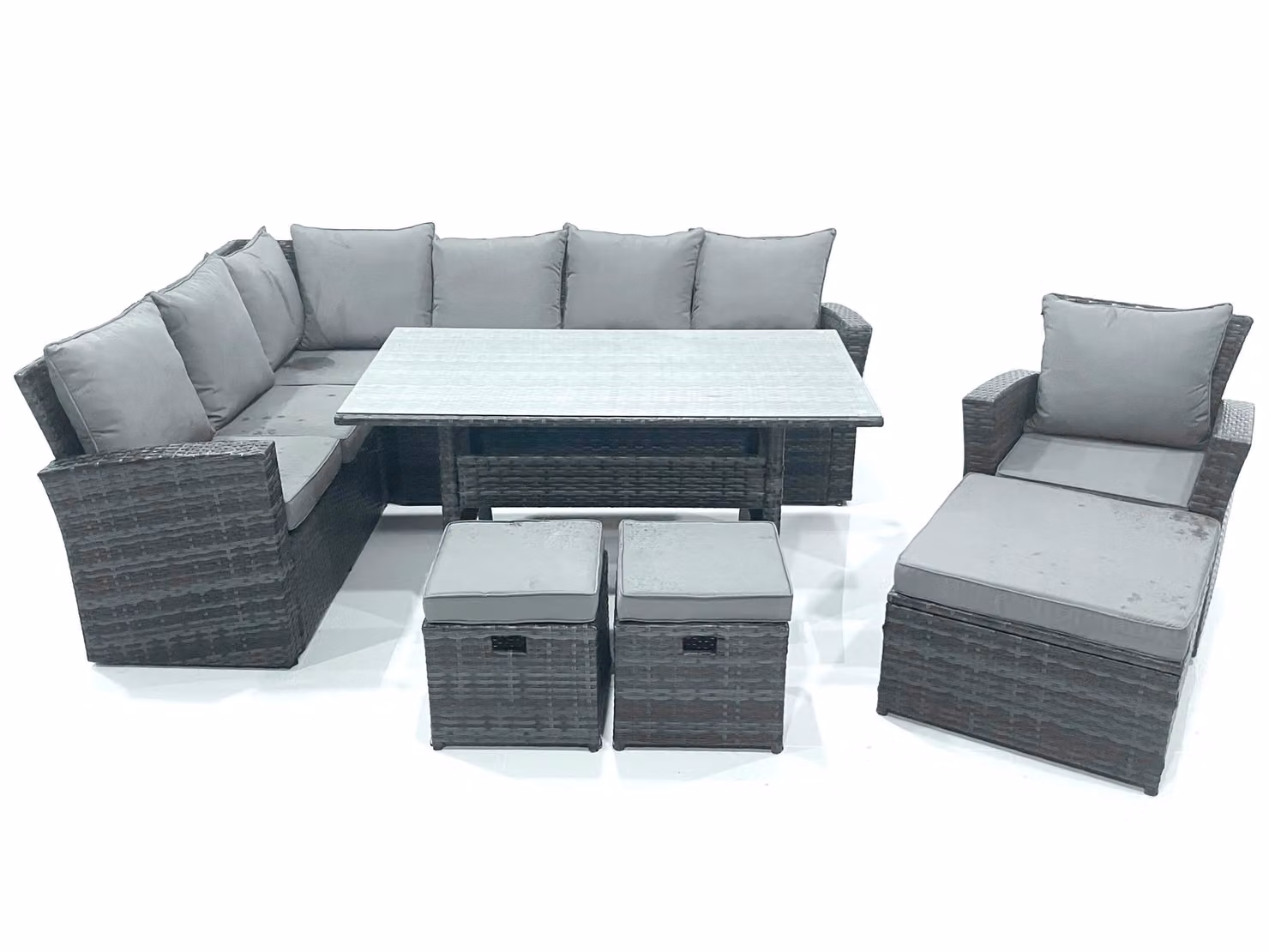 Fimous Rattan Garden Dining Set with Corner Sofa, Armchair and 3 Footstools in Dark Grey – 2