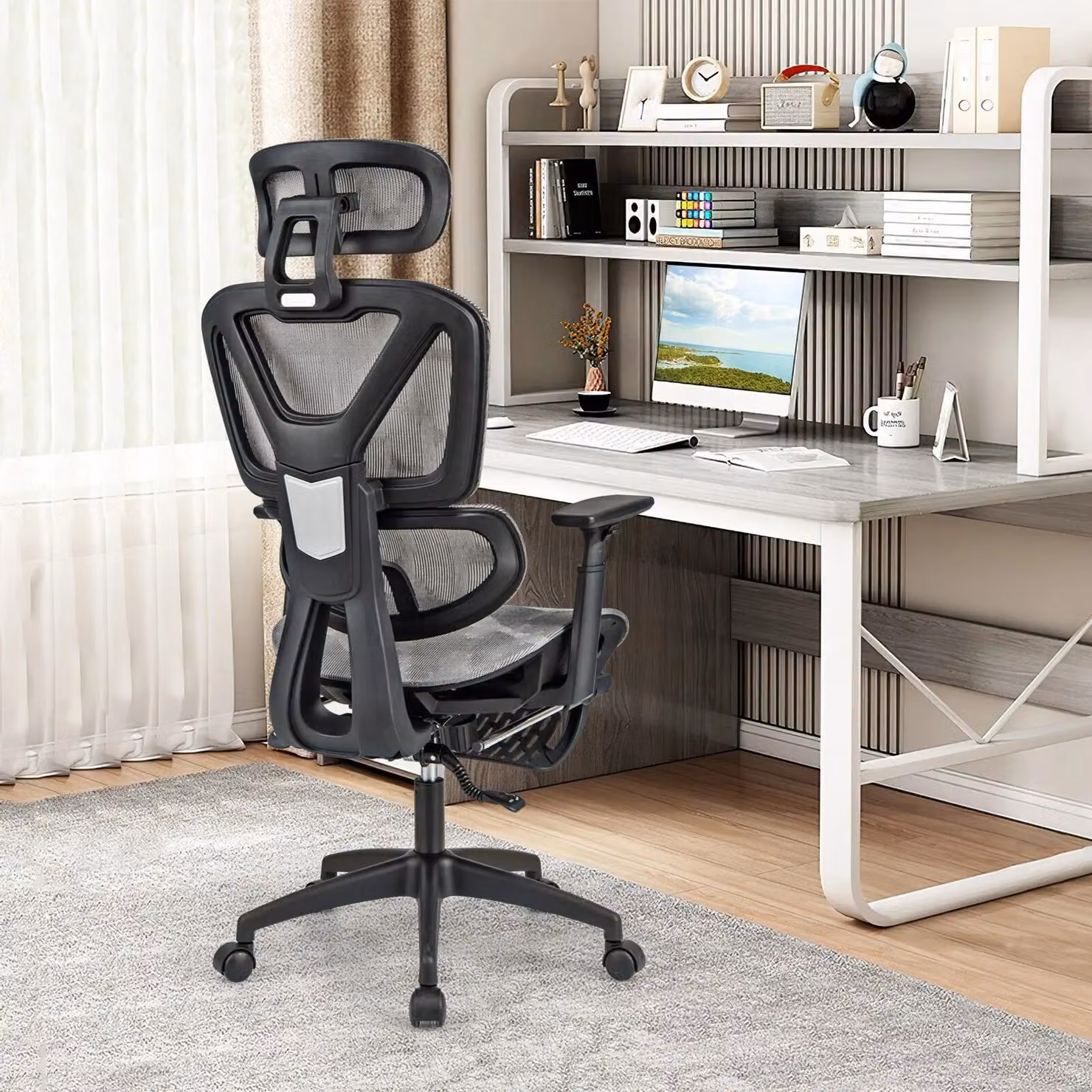 Costway Grey Mesh Executive Office Chair with Headrest, Armrests and 360 Degree Swivel – 4
