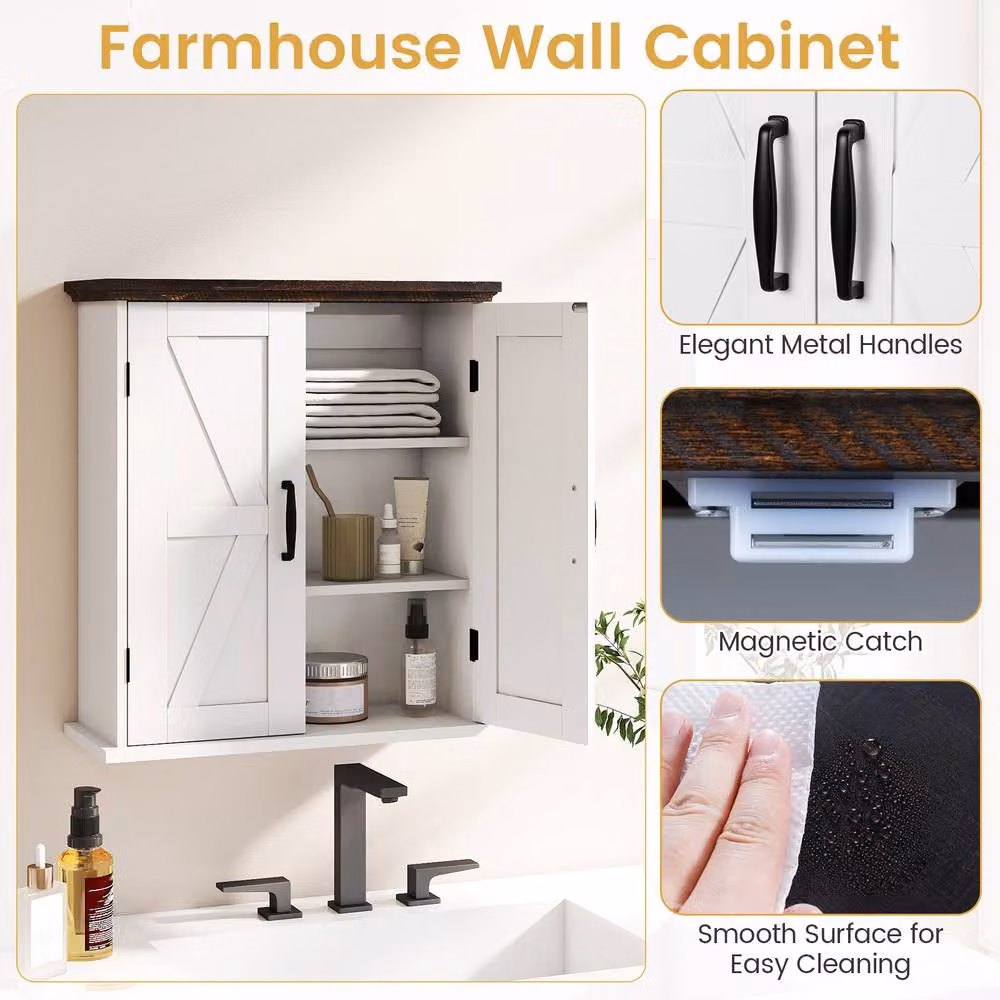 Gymax White Rustic Farmhouse Wall Mounted Bathroom and Kitchen Cabinet with 2 Hinged Doors and Internal Shelves – 3