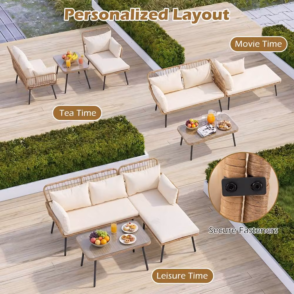 Gymax 3 Piece L-Shaped Patio Furniture Set with Upholstered Sectional Sofa, Coffee Table and Cushions in Beige Polyrattan – 3